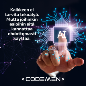 Kuvassa AI-artikkelin kuvituskuva,AI-teksti ja sormi